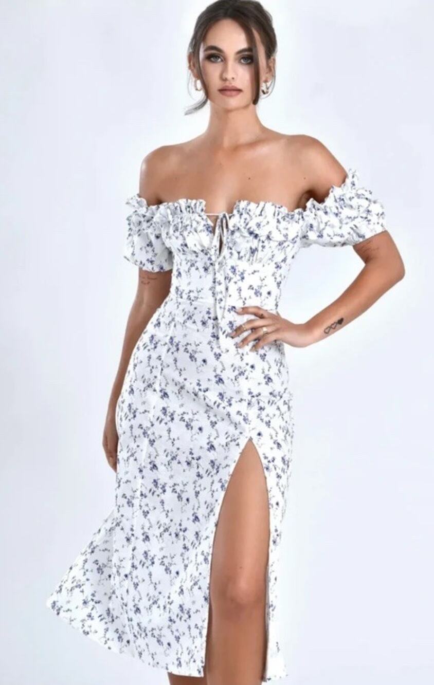 NWT Miss Circle Quin Floral Off Shoulder Midi Dress XS Linen Cotton Cottagecore